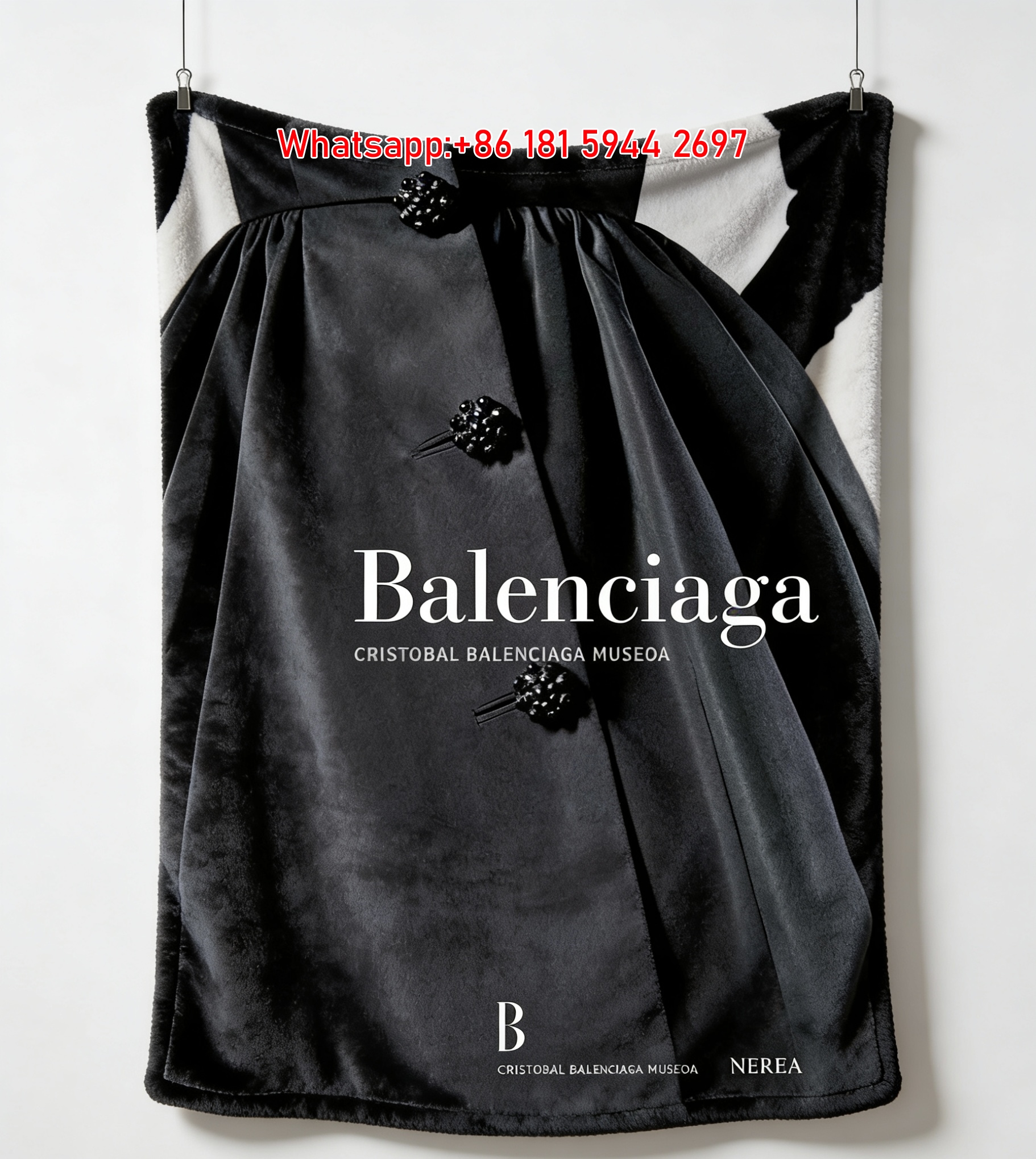 Balenciaga Black Satin Print Flannel Sofa Throw Blanket BA175